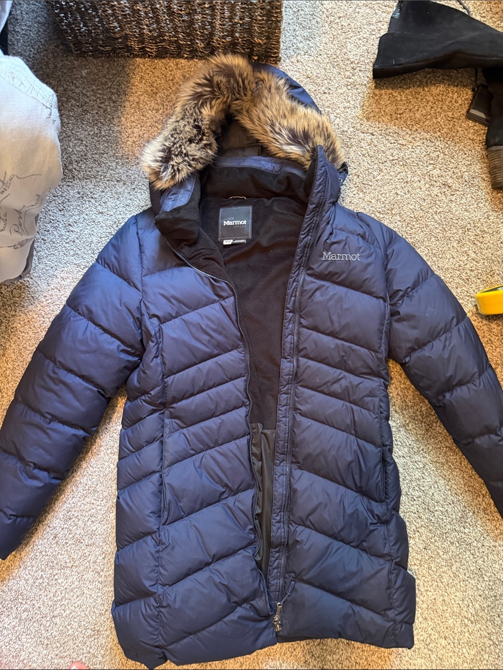 Marmot Women's Navy Quilted Down Puffer with Faux Fur Trim Hood